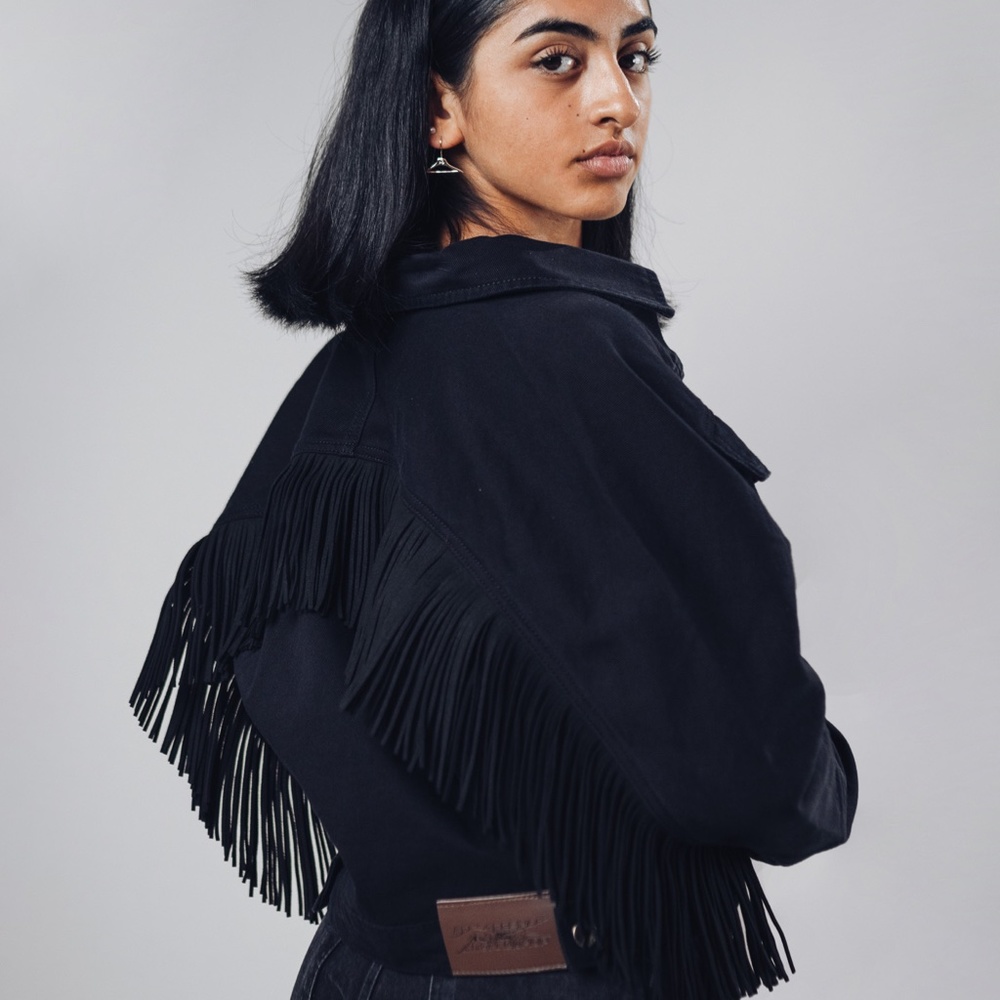 Fringe Black Denim Jacket Size XS